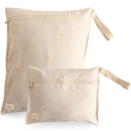 mushie Water Resistant Wet Bags | Large & Small Reusable Storage Bag for Baby Items and Travel | Zippered Pockets with Handle | Machine Washable, Set of 2 (Sun)
