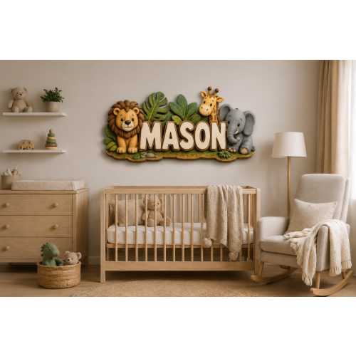 Personalized Safari Name Sign, Jungle Nursery Decor, Custom Baby Name Sign, Lion Elephant Giraffe Wall Art, Boy Nursery Decor