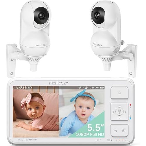 Baby Monitor with 2 Cameras 5.5" 1080P Full HD Split Screen Video Baby Monitor with Camera and Audio, No WiFi 5800mAh Battery, ECO, VOX, Clear Night Vision 1640ft Range (SD Card not Included)