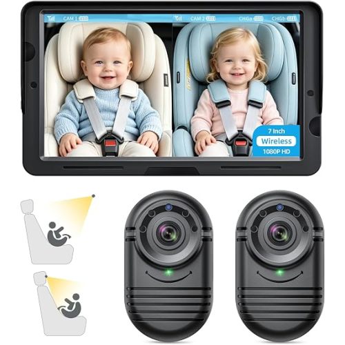 2-Kids Wireless Baby Car Camera: 1080P HD 7” Screen Dual Rear Seat Monitor