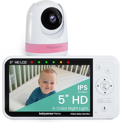 Babysense Prisma Baby Monitor with Camera and Audio, 5” HD Video Baby Monitor, 6-Color Night Light, Split Screen, Baby Sound Machine with White Noise & Lullabies, Secure No WiFi