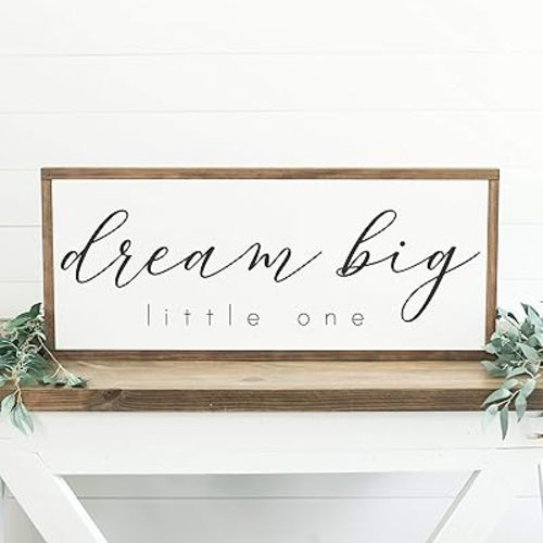 Fprqlyze Dream Big Little One Sign, Framed Wood Sign, Farmhouse Sign, Nursery Sign, Childrens Room Sign, Wood Sign, Childrens Wall Decor, 12x30 12"x22"