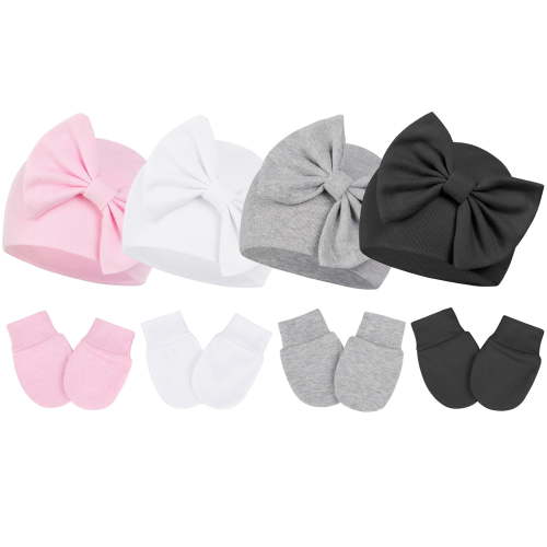 Zando Baby Hat and Mittens Set, Newborn Hats with Bow, Soft Cotton Gloves, 0-3 Months