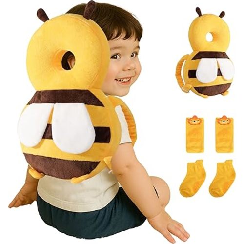 Baby Head Protector Backpack (9 to 24 Months) - Cute Head Guard Pillow with Knee Pads and Socks, Baby Shower Gift, Baby Safety Set, Toddler Head Cushion Backpack, Baby Gift, Honey Yellow Bee