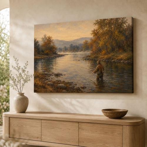 Vintage Fly Fishing River Canvas Wall Art for Rustic Cabin Decor