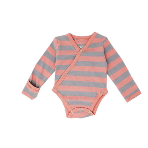 Organic Kimono Bodysuit in Coral-Light Gray Stripe – L'ovedbaby
