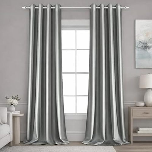 HOMEIDEAS 2 Panels Silver Grey Faux Silk Blackout Luxury Curtains, 52 X 84 Inch Room Darkening Satin Thermal Insulated Window Drapes for Bedroom Decor, Indoor