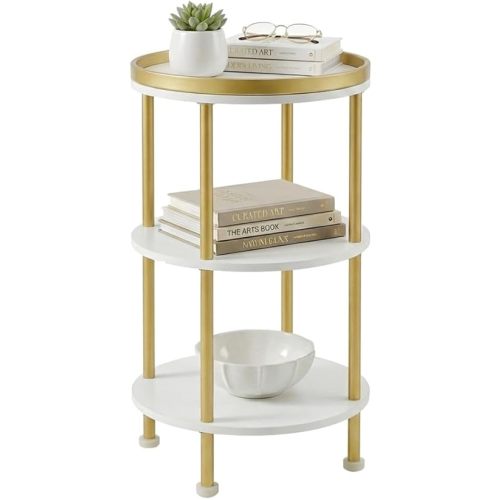 Small Round Side Table, Gold Round End Table with White Shelves, 3-Tier Modern Nightstand for Bedroom & Living Room, 21.7" H Narrow Gold Accent Table for Small Spaces, Dorm, Nursery (White & Gold)
