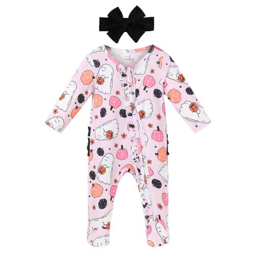 Kogui Rompers Baby Girl Halloween Clothes Pumpkin Romper Bodysuit Flying Sleeve Jumpsuit Fall Outfit 0 3 6 9 12 18 24 Months (Pink,3-6 Months)