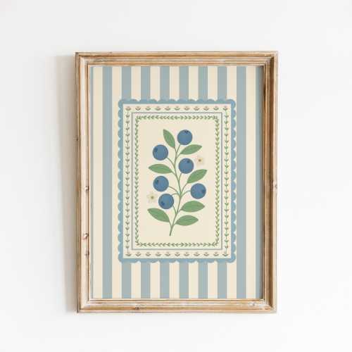 Blueberry Folk Art Poster – Vintage Style Berry Wall Art with Blue Stripes