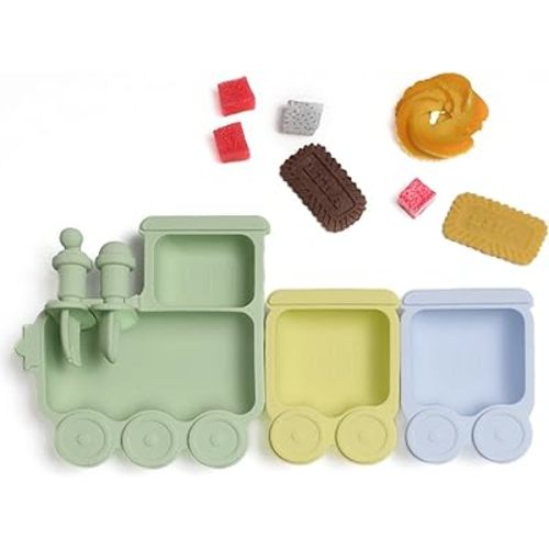 Baby Suction Plate Silicone, 5 Piece Baby Feeding Set - Non Slip Unique Trains Toddler Plates with Fork Spoon, Kids Baby Weaning Plate for No More Meal Time Mess (Matcha)