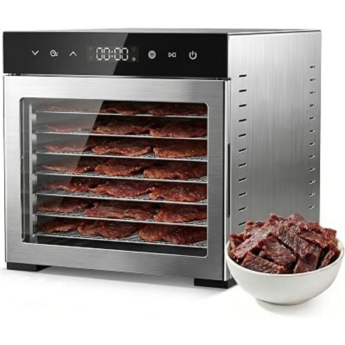 OLIXIS Food Dehydrator Machine, 500W Jerky Dehydrators with 8 Stainless Steel Large Trays, 185°F Temperature Control & 24H Timer Food Dryer for Fruit Meat Herb Dog Treats, Black