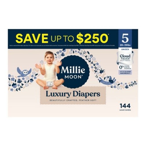 Millie Moon Luxury Disposable Diapers - Size 5 - 144ct: 28 to 39 lbs, Hypoallergenic, Paraben-Free, Vegan