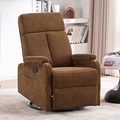 Recliner Chairs, 360° Swivel Rocker Recliner Chair for Adults, Glider Rocking Chair, Small Nursery Recliner for Living Room, Reclining with Modern-Designed Armrests, Fabric Brown