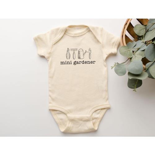 Gardening Baby Bodysuit: Mini Gardener- size 6-12 natural short sleeve