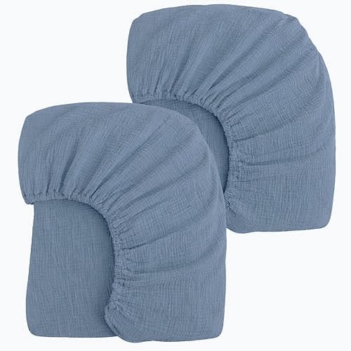 PET REJOIR 2 Pack Dusty Blue Muslin Crib Sheets for Boys & Girl- Neutral Breathable Cotton Crib Mattress Sheets Fitted for Standard 28"x 52"- Nursery Décor No Slip Crib Bed Sheets