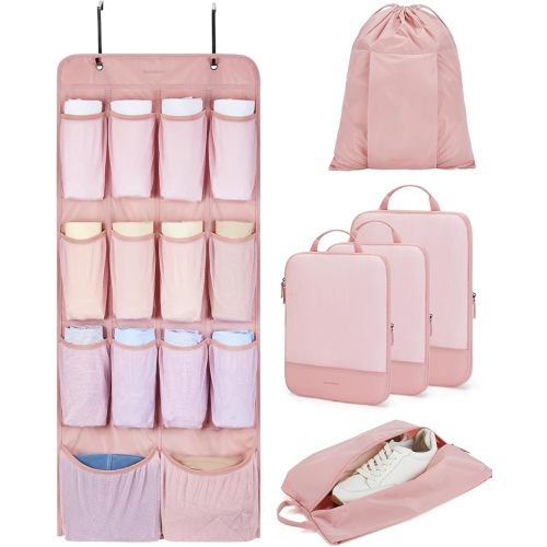 BAGSMART Hanging Compression Packing Cubes for Closet Organizers And Storage, 6 Set Suitcase Organizer Bags Set, Cruise Travel Essentials for Women, Baby Pink