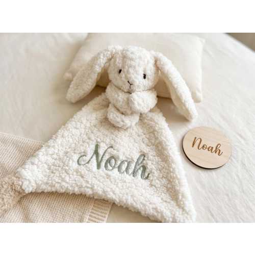 Bunny and Bear Lovey Blanket with Name Embroidery, Soft Plush Nursery Keepsake