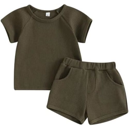 Licupiee Conjunto de pantalones cortos de punto gofre para niños pequeños, camiseta de manga corta, cintura elástica, bolsillos y pantalones cortos, traje de 2 piezas de verano