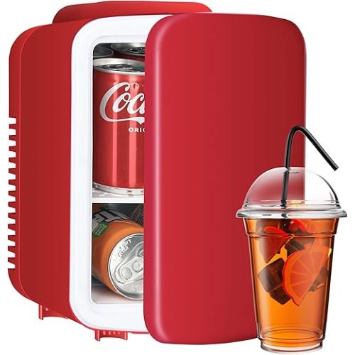 YSSOA 4L/6 Can Mini Fridge, Warmer & Cooler Portable Compact Refrigerators, 100% Freon-Free, for Skincare, Food, Drink, Red