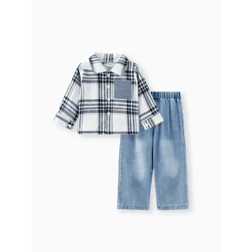 2pcs Baby Boy Patch Pocket Long-sleeve Plaid Shirt and Denim  Jeans Set