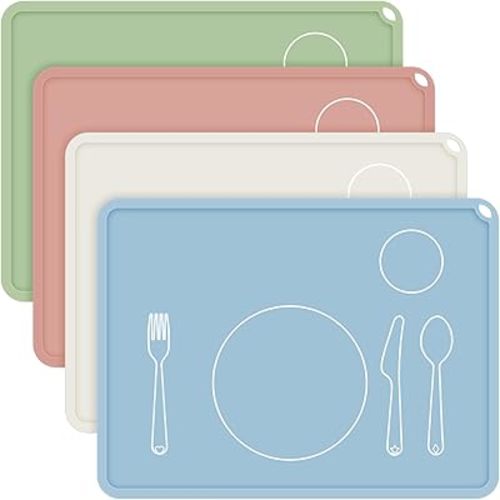 Zhehao 4 Pcs Montessori Kids Placemat 16 x 12'' Non Slip Baby Silicone Placemats for Toddlers Baby Eating Mat Food Mats for Toddler Dining Table Setting Learning Travel Kitchen(Neutral Colors)