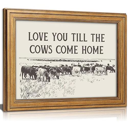 Vintage Gold Framed Cow Wall Art, Western Cowboy Country Landscape Painting Canvas Prints, Romantic Quotes Family Love Picture Wall Decor, Rustic Farmhouse Artwork for Living Room Bedroom 9x11 in