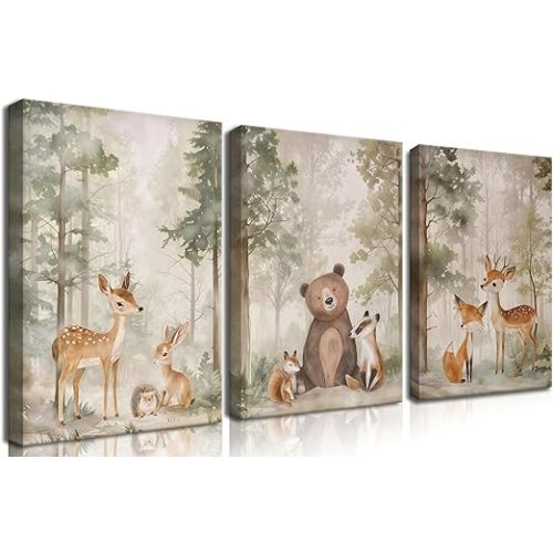 Nursery Canvas Wall Art Set of 3 - Woodland Wild Animals Bear Fox Deer Watercolor Paintings Pictures Wall Decor, Forest Animal Decor for Boys Girls Room Decoration 12x16 inch Framed