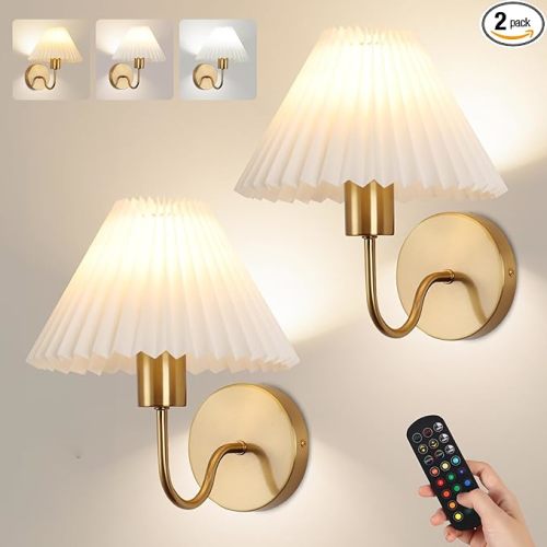 Wireless Wall Sconce Sets of 2, Pleated Shades Rechargeable Battery Operated Wall Sconce, Retro gooseneck Gold Wall Lights Bathroom Vanity Sconces, Wall Mounted Lamps for Bedroom Living Room Kitchen