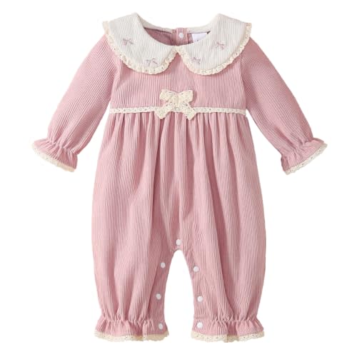 Infant Baby Girl Clothes Corduroy Romper Long Sleeve Fall Winter | Newborn Outfit One-Piece Jumpsuit, Peter Pan Collar Lace Trim, Bow, Back Buttons, Stretchy Sleeve and Leg Cuffs, Snap Closure