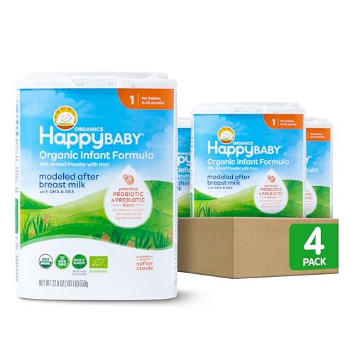 Happy Baby Organics Stage 1 Infant Formula, 0 12 Months, Milk Based Organic Baby Formula Powder with Iron, Probiotics & Prebiotics for Immune & Digestive Support, 22.9 Ounce (Pack of 4)