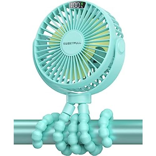 SWEETFULL Portable Stroller Fan, LED Display 6000mAh Battery Operated Mini Clip Fan, 4 Speed Rechargeable Small Personal Fan Handheld Desk Cooling Fan For Car Seat Crib Treadmill Travel(Cyan)