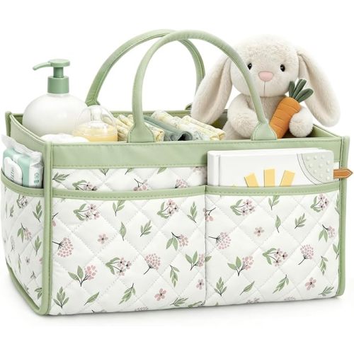Baby Diaper Caddy Organizer – Stylish Storage Basket for Newborn Essentials, Nursery & Diaper Station, Registry Must-Have, Sage Green Botanical