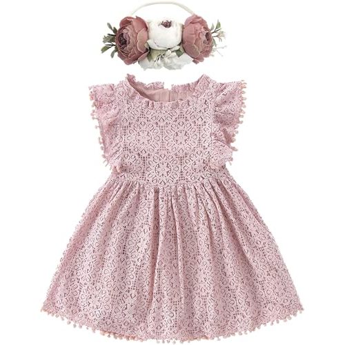 BGFKS Baby Girl Tutu Dress Elegant Lace Pom Pom Flutter Sleeve with Flower Headband Set