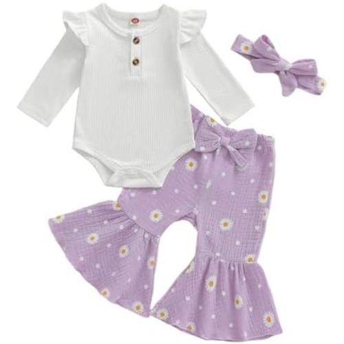 Newborn Baby Girls Clothes Infant Ribbed Knit Romper Tops and Daisy Print Bell-Bottoms Headband Clothing Sets