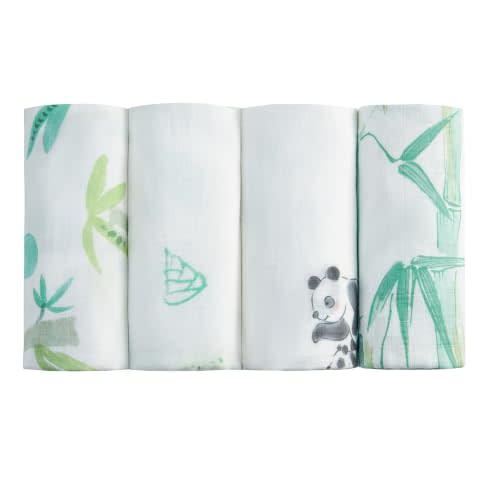 Bamboo Muslin Swaddle Blankets, 4 Pack 47x47'' | Soft breathable hypoallergenic baby receiving blanket. Bamboo Grove, Shoots, Panda & Giant Panda prints. Great for newborn