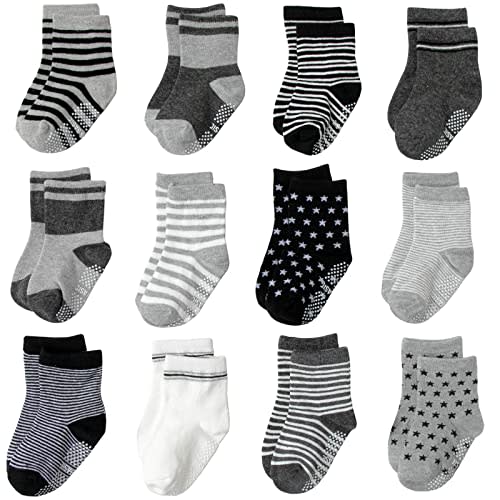 Non Slip Grip Ankle Baby Socks 12 Pack for Toddler Boys and Girls Kids,Infant Cute Cotton Baby Socks