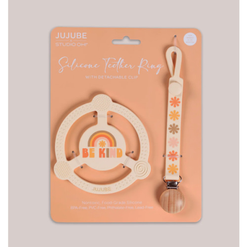 JuJuBe x Studio Oh! Silicone Teether Ring & Detachable Clip - Be Kind Rainbows