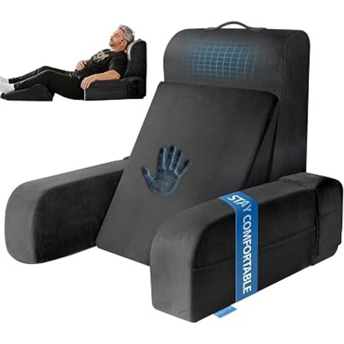 Kayfia Reading Pillow, 10 in 1 Back Pillow for Bed Sitting up with Detachable Arms Rest, Back Rest with Gel Memory Foam, Reading/Gaming/Working in Bed or Couch 21'', Black