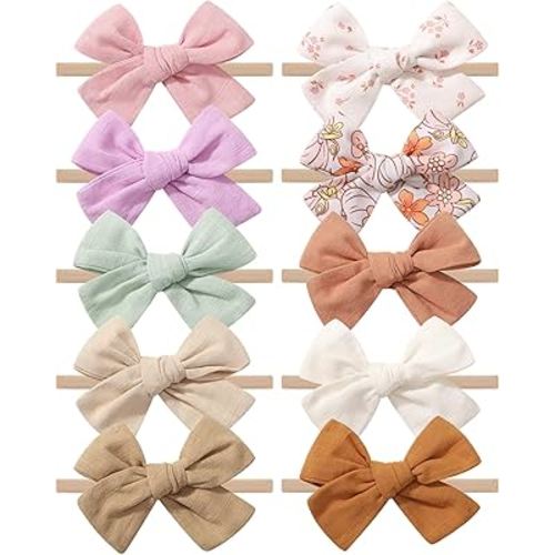 doboi 10PCS Baby Headbands Girls Hair Bows Nylon Linen Hairbands Handmade Hair Accessories for Newborn Infant Toddlers Little Girl and Kids