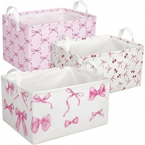 3 Pcs Pink Bow Storage Basket, Coquette Girls Rectangle Storage Bins Box with Handles, Bows and Chery Shelf Basket Ideal for Room Nursery Decor, Books, Organizing Clothes, Toys