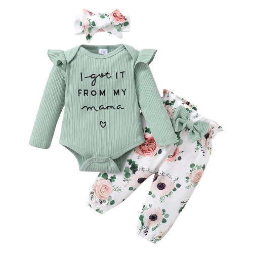 Kucnuzki Infant Baby Girls Outfit Sets Ruffle Long Sleeves Romper Tops + Bowknot Floral Pants + Headband 3pcs Fall Green 12-18 Months