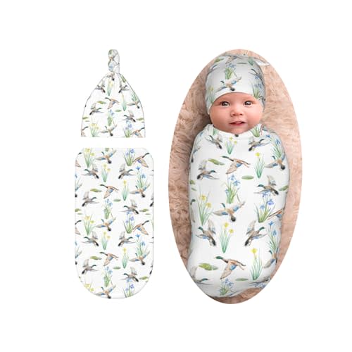 Sozzjile Mallard Duck Baby Stuff Swaddle Blanket with Beanie Set, Wild Ducks Newborn Blanket Swaddle Sack for Girls Boys