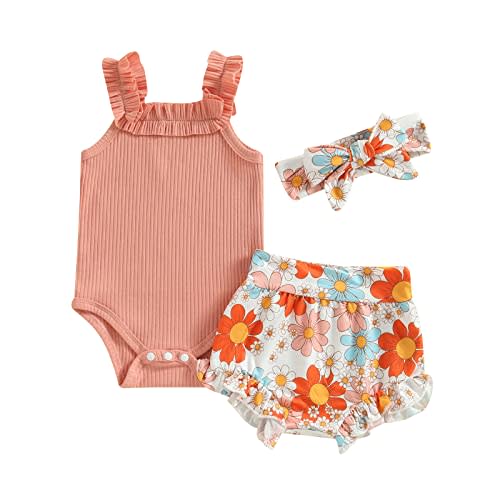 CIYCUIT Newborn Baby Girl Summer Clothes Ruffle Sleeveless Ribbed Top Bloomers Shorts Set