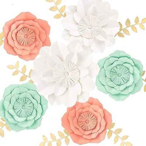 Paper Flower Decorations for Wall, Wedding Backdrop, Bridal Shower, Birthday Party, Nursery Wall Decor, Baby Shower (Mint, Coral, White Set of 6)