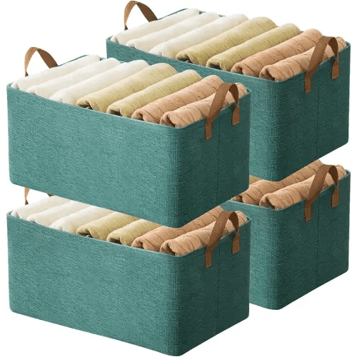 AARAINBOW 4 Pcs Closet Clothes Organizer with Handle, Fabric storage Box with Steel Frame Stackable Shelf Storage Baskets Foldable Storage Baskets for Organizing Clothes Toys, 23L (4 Green)