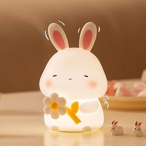 Led Cute Flower Bunny Night Light, Dimmable Timer Kawaii Lamps, Super Squishy Silicone USB Rechargeable Touch Control Night Lamp, Used for Camping Party Room Decor (Bunny with Flower)