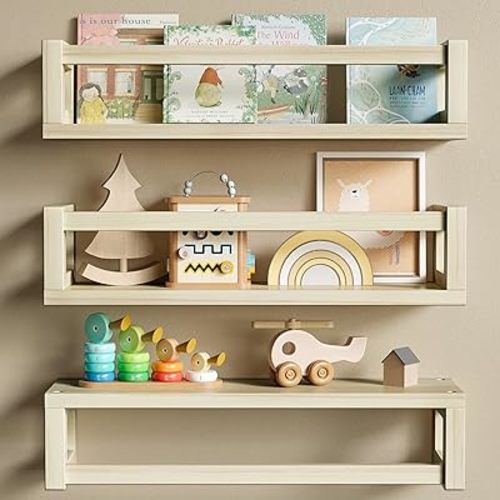 TidyCorner Sturdy Floating Shelves – Set of 3 Wall Bookshelves and Nursery Floating Shelves for Books, Toys, Kitchen, Bathroom, and Home Decor – Natural Poplar