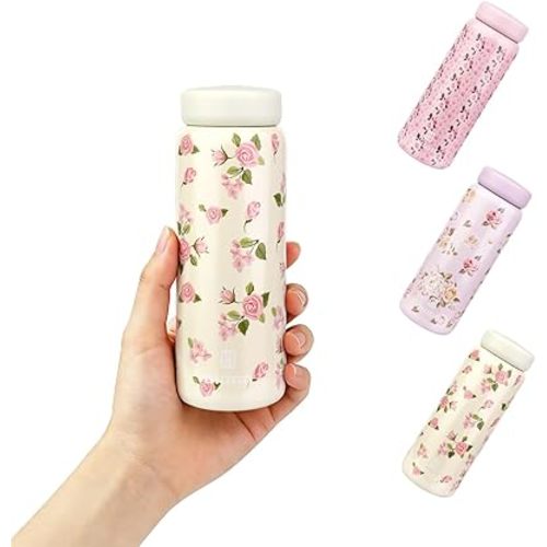 Small Thermo Bottle Mini Vacuum Insulated Water Bottle 320ml/10.8oz Flower Water Flask Stainless Steel Thermal Water Bottles Thermo for Hot and Cold Drinks for Purse Pocket (White)