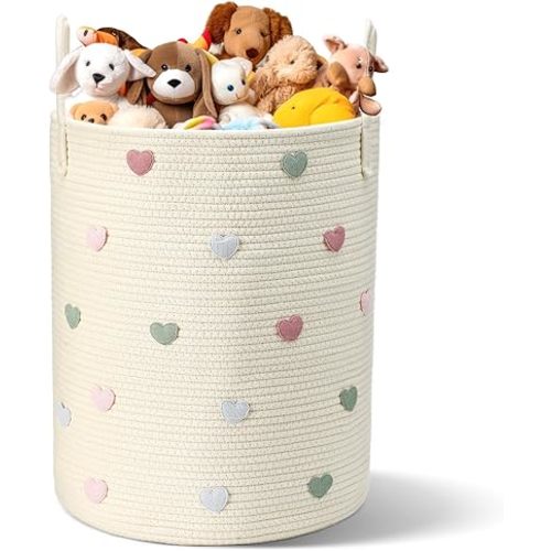 LemonRoad Macaron Heart Laundry Hamper Large Cotton Rope Storage Basket Woven Storage Bucket with Handles for Bathroom Bedroom Nursery Toy Clothes Organizer, 60 L